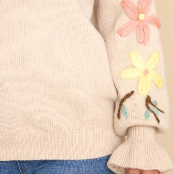 SEE AND BE SEEN Array Of Flowers Embroidered Sweater Tan Cream {3G39} - Picture 4 of 10